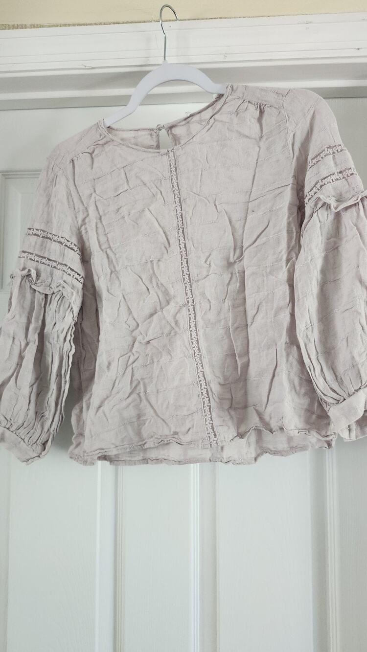 Lush Boho Lace Trim Peasant Blouse Dusty Cream Balloon Sleeve Gauze Top S #346